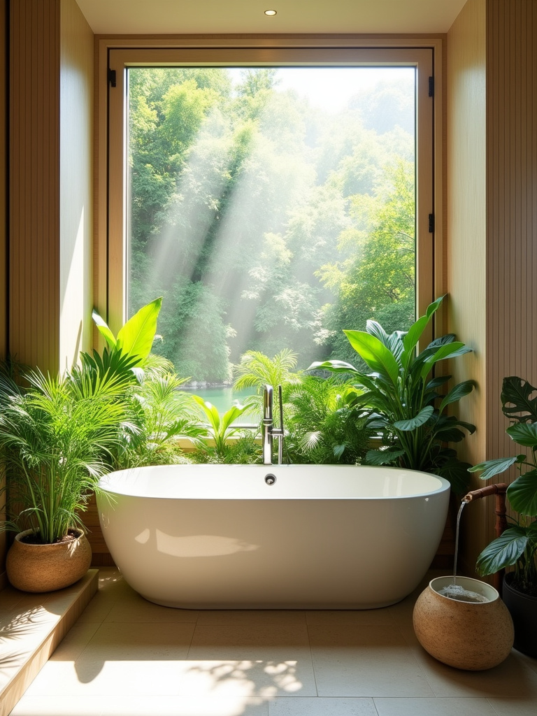 Biophilic bathroom design featuring natural light, plants, and natural materials.