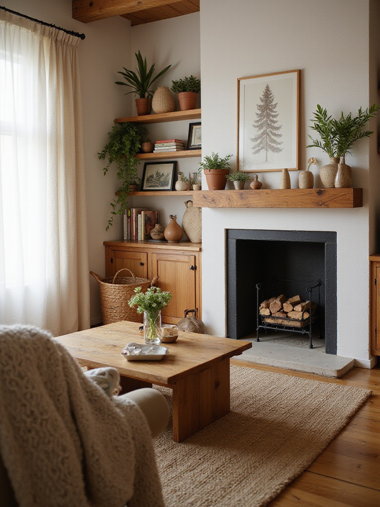 Cozy living room with warm wood accents, including a wooden coffee table, mantel, and shelving.