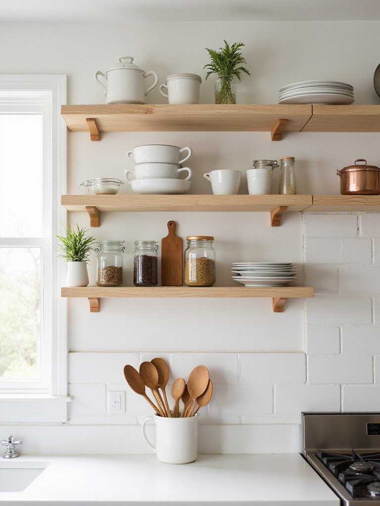 Kitchen with light wood open shelving displaying dishes, spices, and plants.