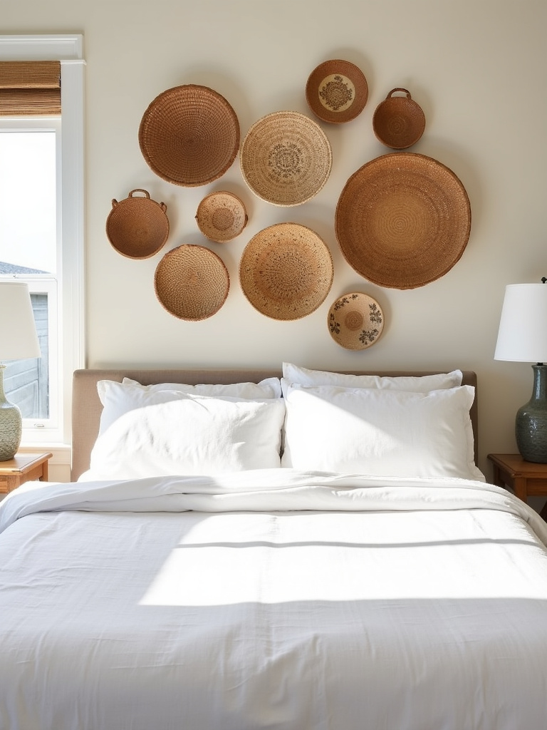 Gallery wall of decorative woven baskets above a bed in a rustic chic bedroom.