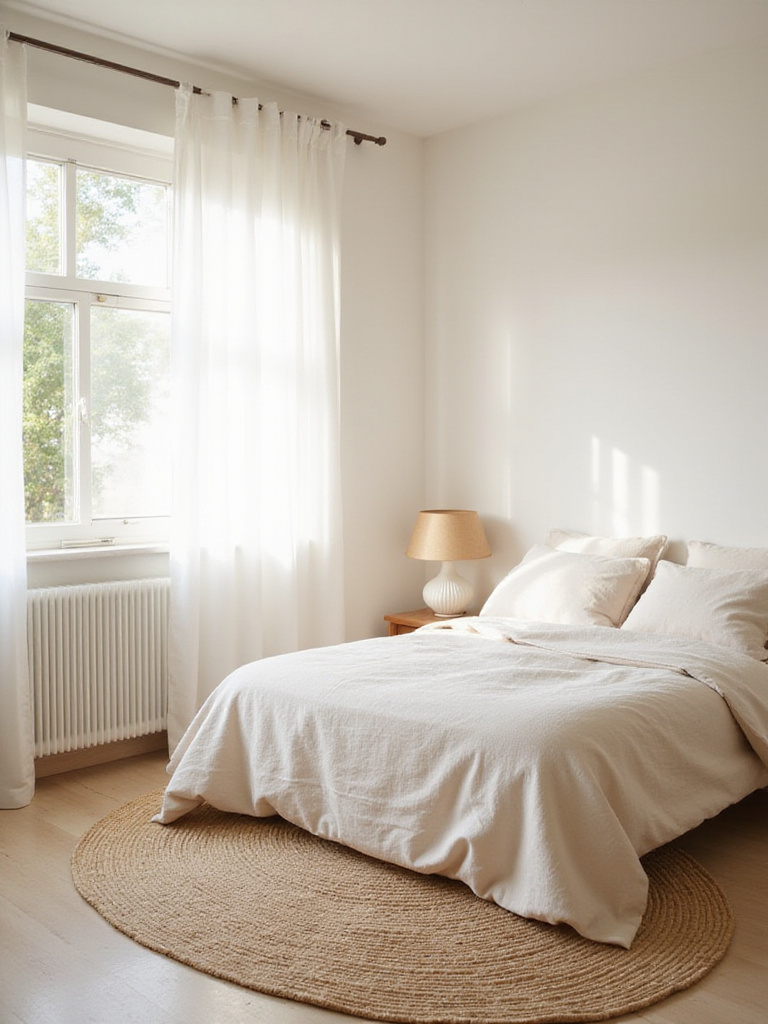 Serene neutral bedroom with linen bedding and natural textures