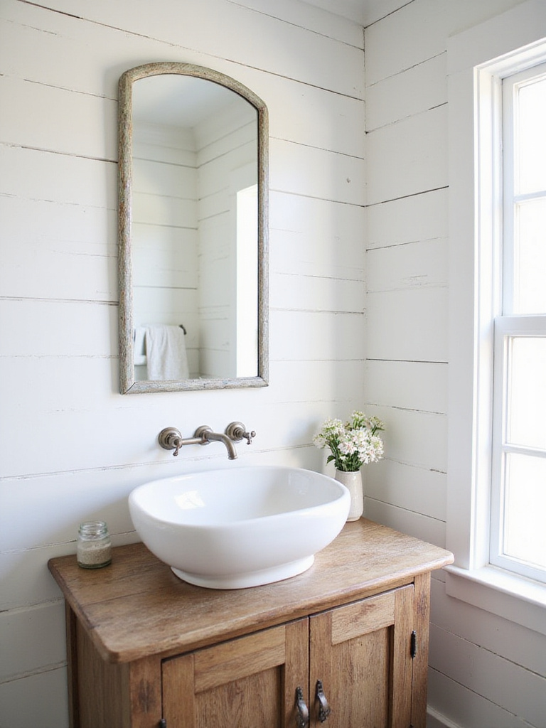 Farmhouse bathroom with white shiplap wall behind a rustic vanity.