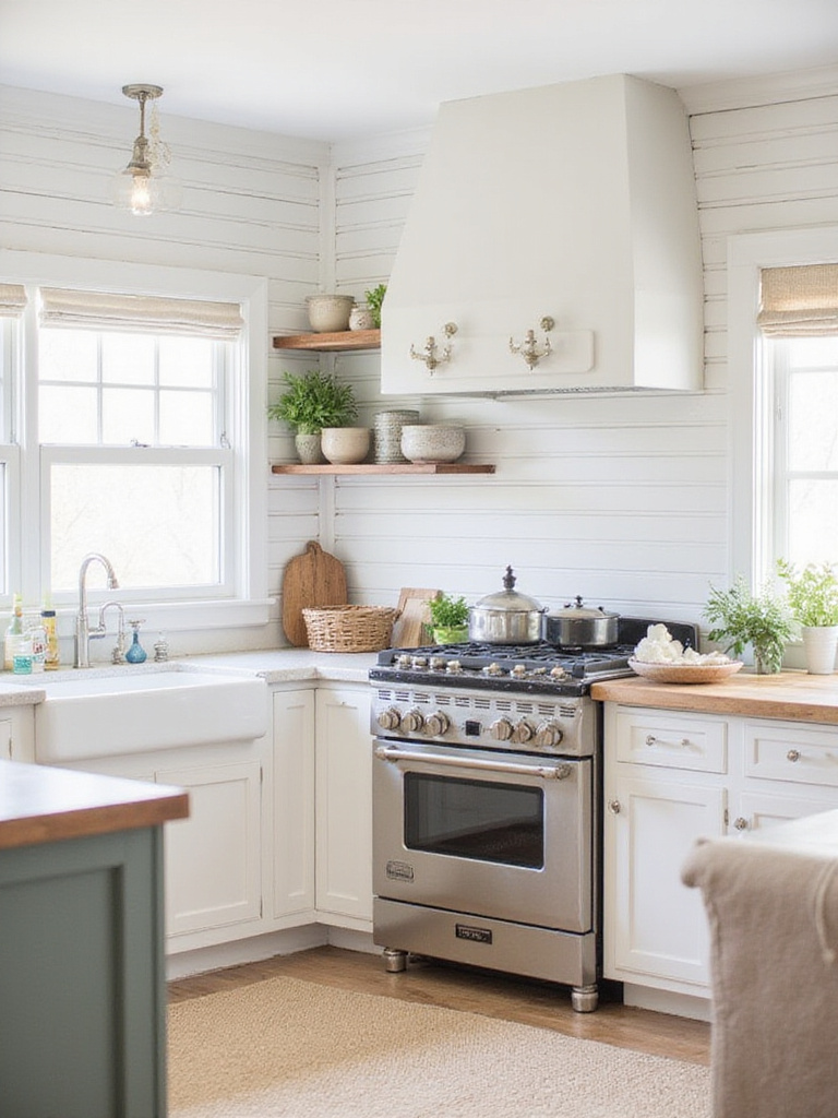 Farmhouse kitchen with white shiplap accent wall behind stove