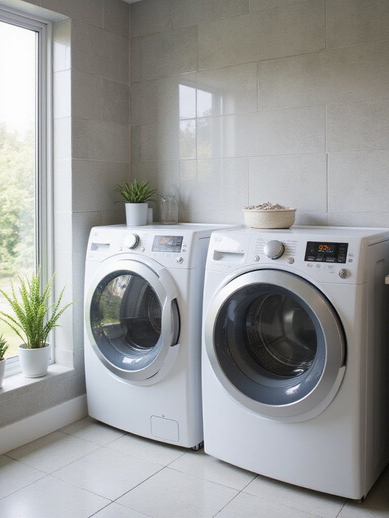 Modern laundry room featuring a smart washer and dryer set with digital displays.