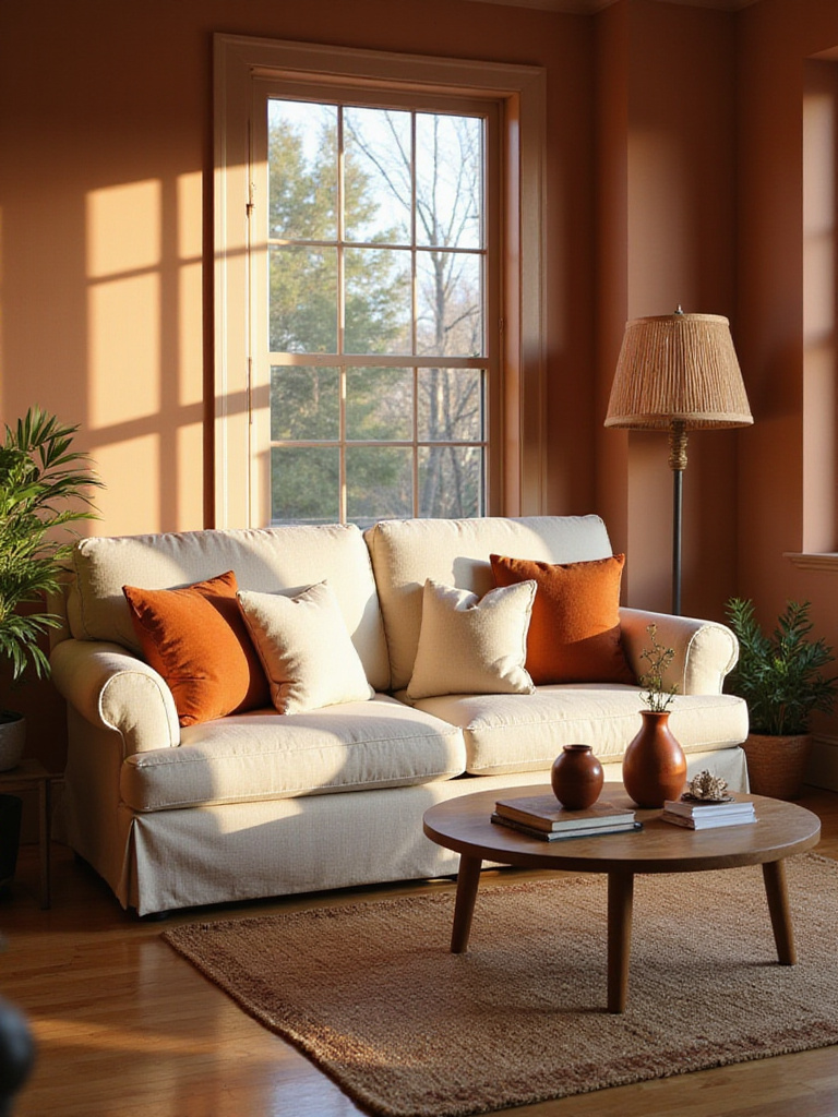 Cozy living room with terracotta walls and warm, inviting decor.