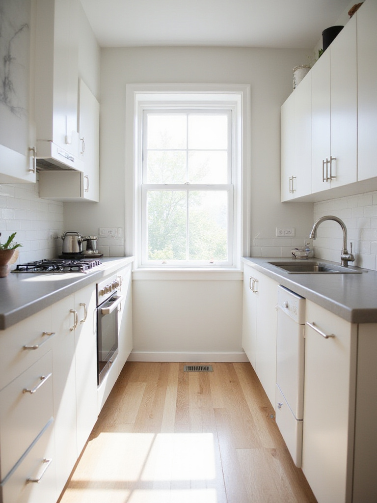 Bright, small kitchen with white cabinets and light countertops, creating a spacious feel.
