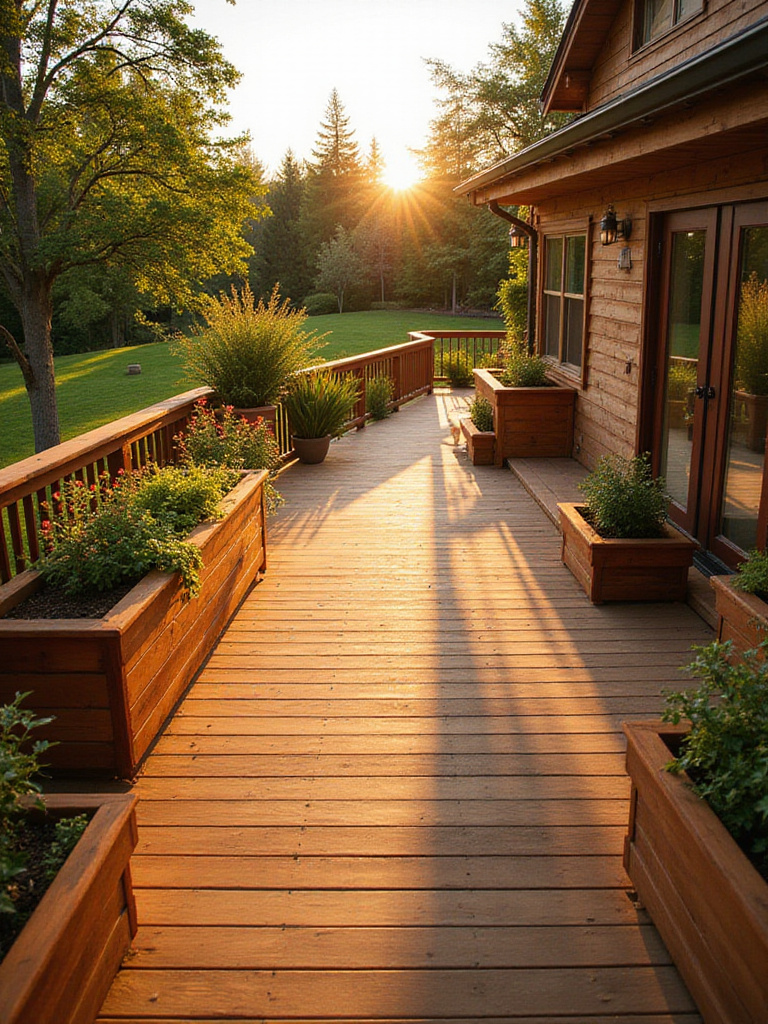 Natural wood deck with built-in seating and planters at sunset