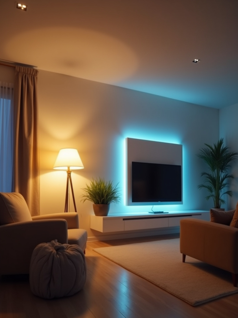 Energy-efficient LED lighting in a modern living room, showcasing various applications and highlighting the Energy Star label.