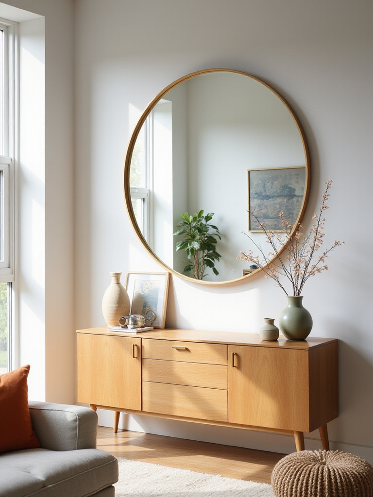 Modern living room with a round gold metal-framed mirror reflecting light and space.