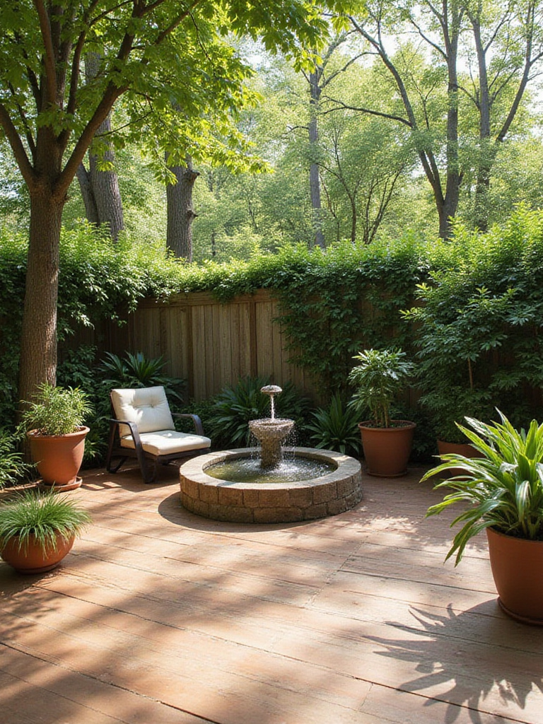 Deck with a tranquil water feature surrounded by plants.