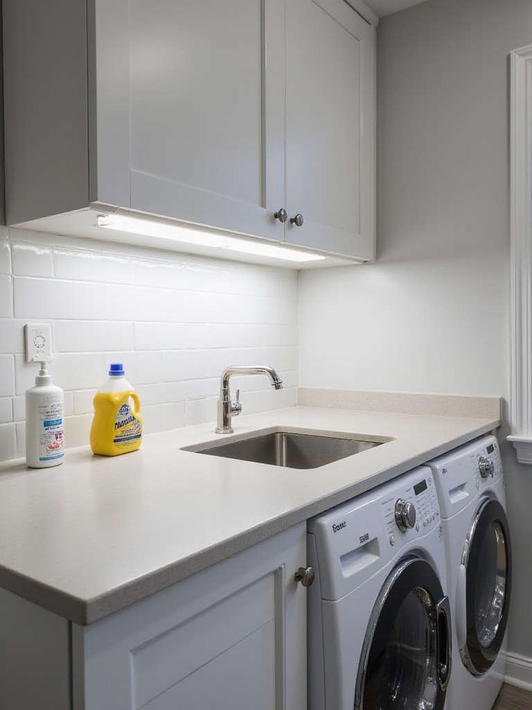 Laundry room with under-cabinet LED lighting illuminating countertop and stain removal supplies.