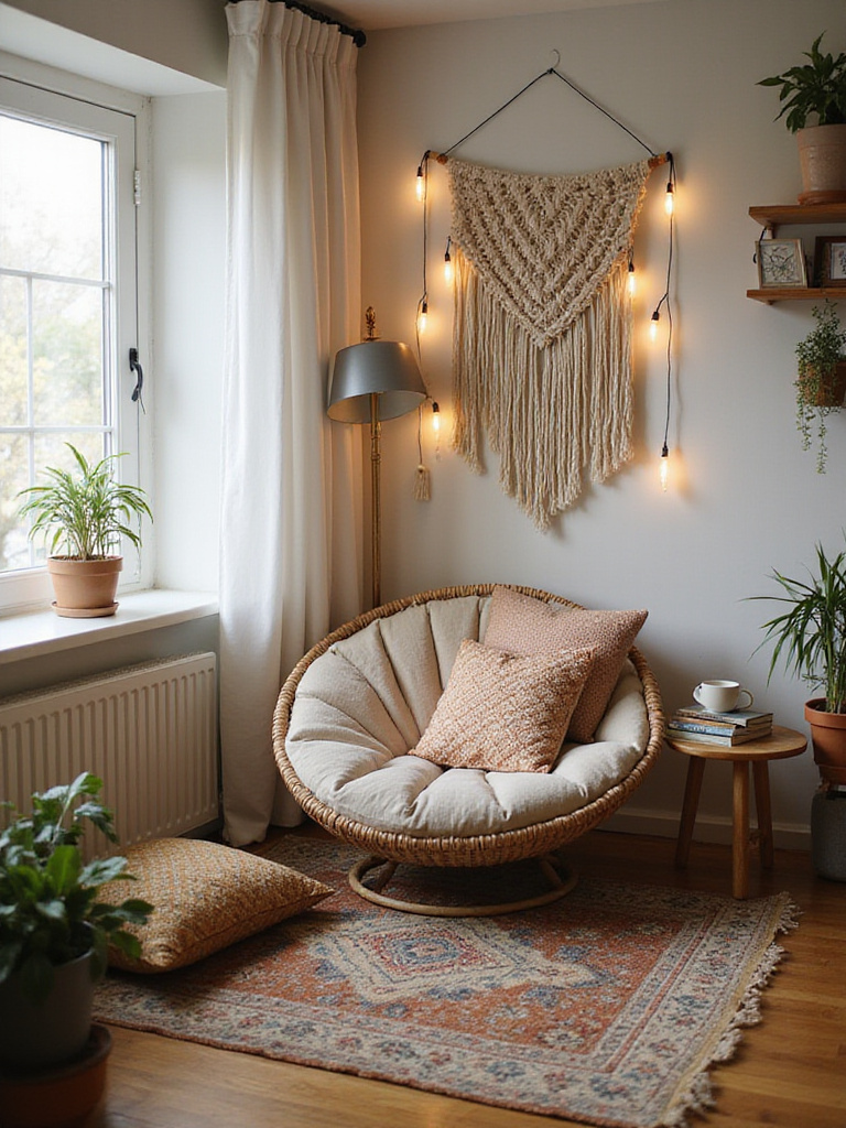 Dreamy boho bedroom reading nook with papasan chair, layered rugs, and string lights.