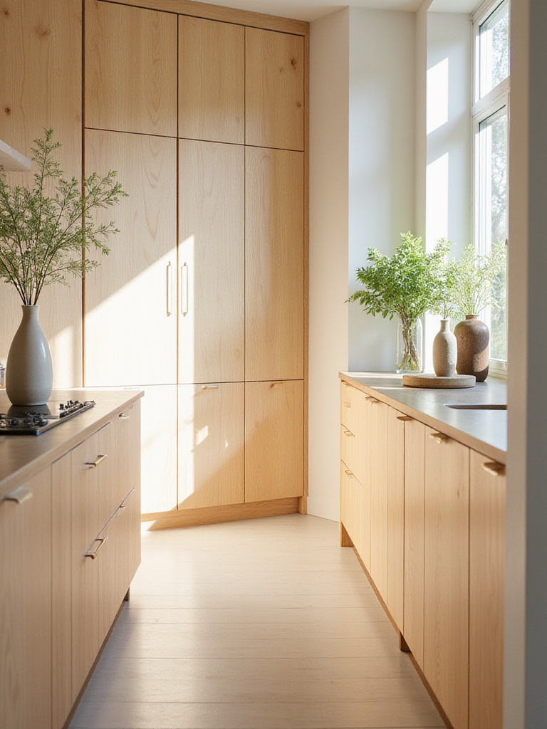 Bright, modern kitchen featuring organically designed light wood cabinets and sustainable countertops, bathed in natural sunlight.