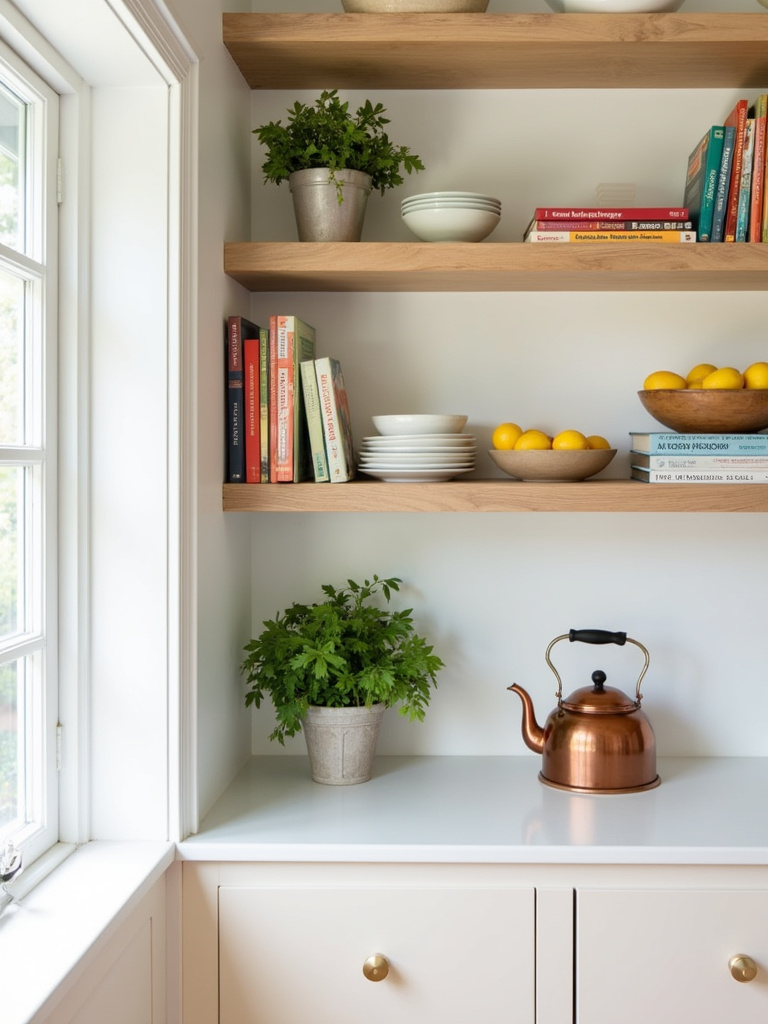 Kitchen island with open shelving displaying cookbooks, bowls, herbs, and a kettle.