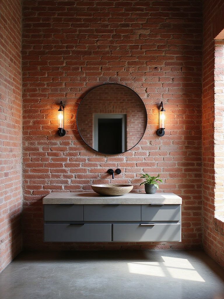 Rustic bathroom with exposed brick wall, modern vanity, and industrial sconces.