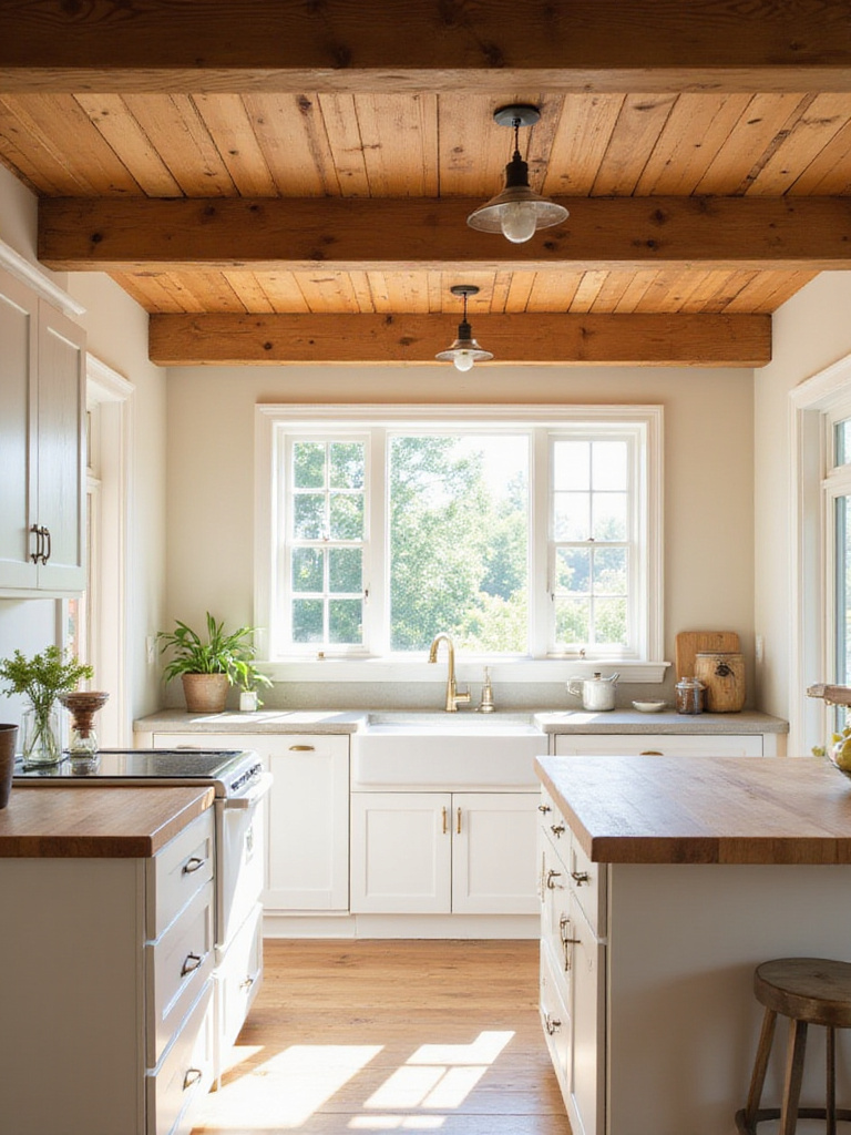 Farmhouse kitchen with exposed wooden beams on the ceiling