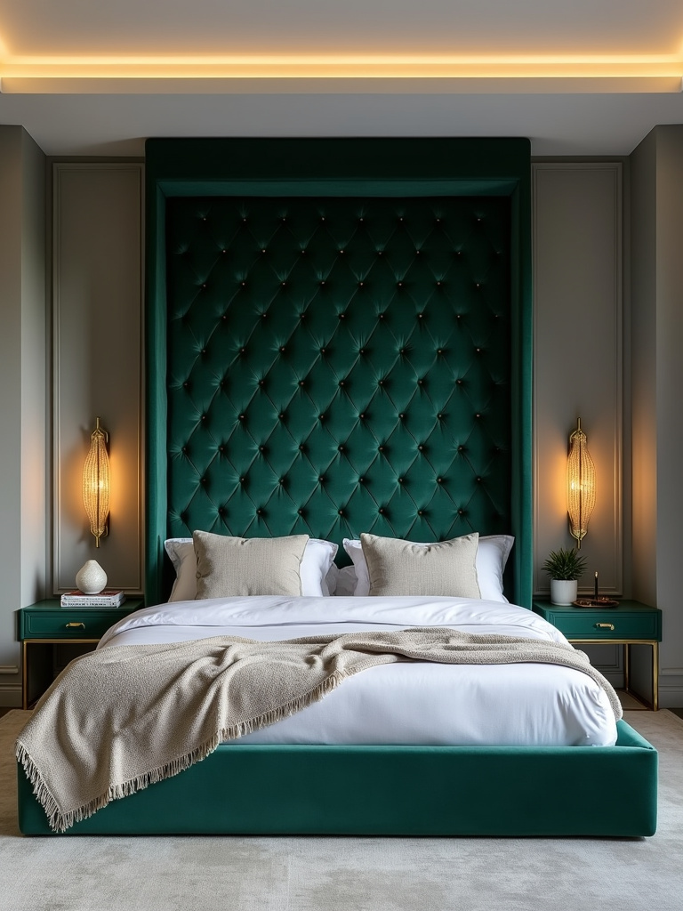 Bedroom with extended velvet headboard reaching the ceiling, emerald green upholstery
