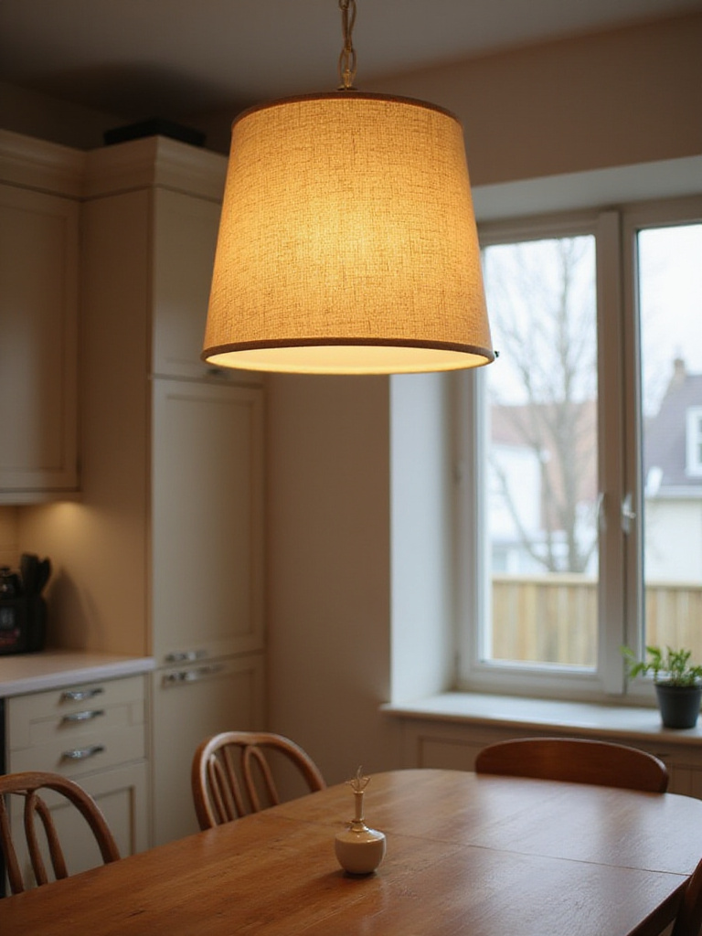 Kitchen dining area with pendant light featuring a linen fabric shade, creating warm and inviting lighting.