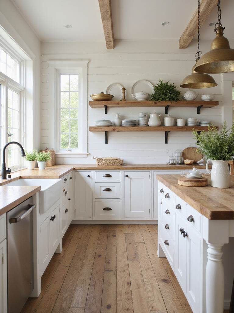Bright and airy farmhouse kitchen with white shiplap, apron-front sink, and butcher block island.