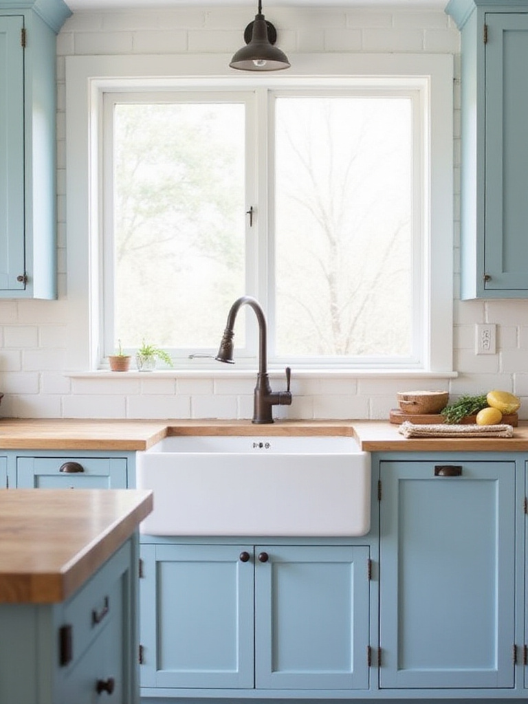 Light blue beadboard kitchen cabinets with butcher block countertops in a farmhouse kitchen.