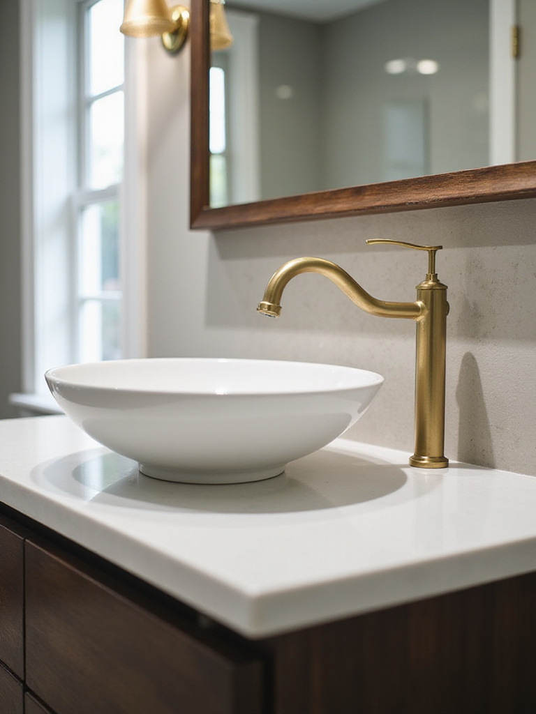 Modern bathroom vanity with brushed gold wall-mounted faucet and vessel sink.