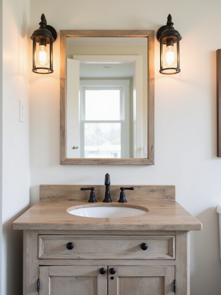 Farmhouse bathroom vanity with lantern sconces and Edison bulbs