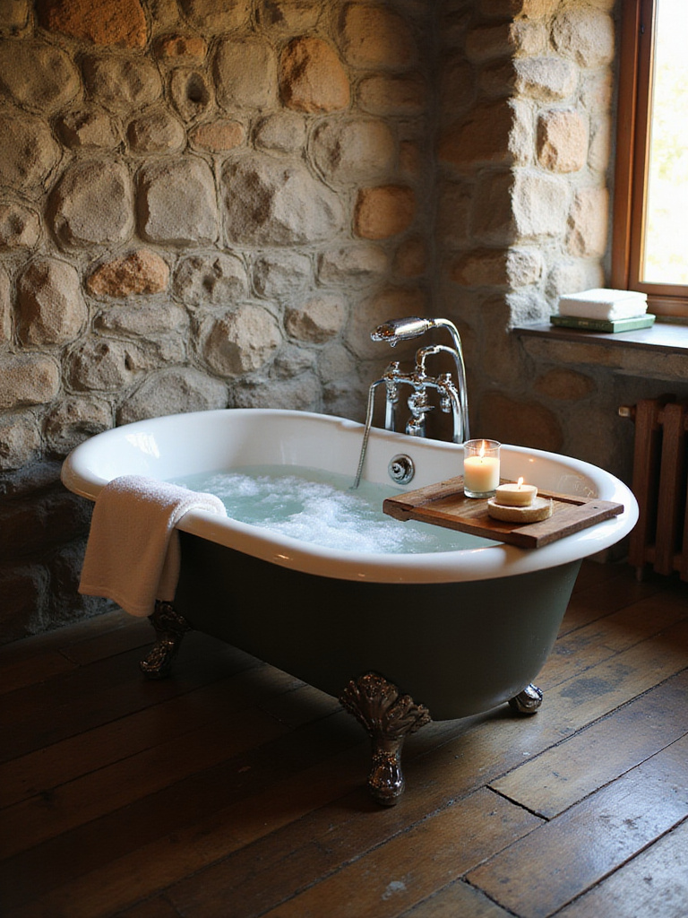 Rustic bathroom with freestanding clawfoot tub and stone wall