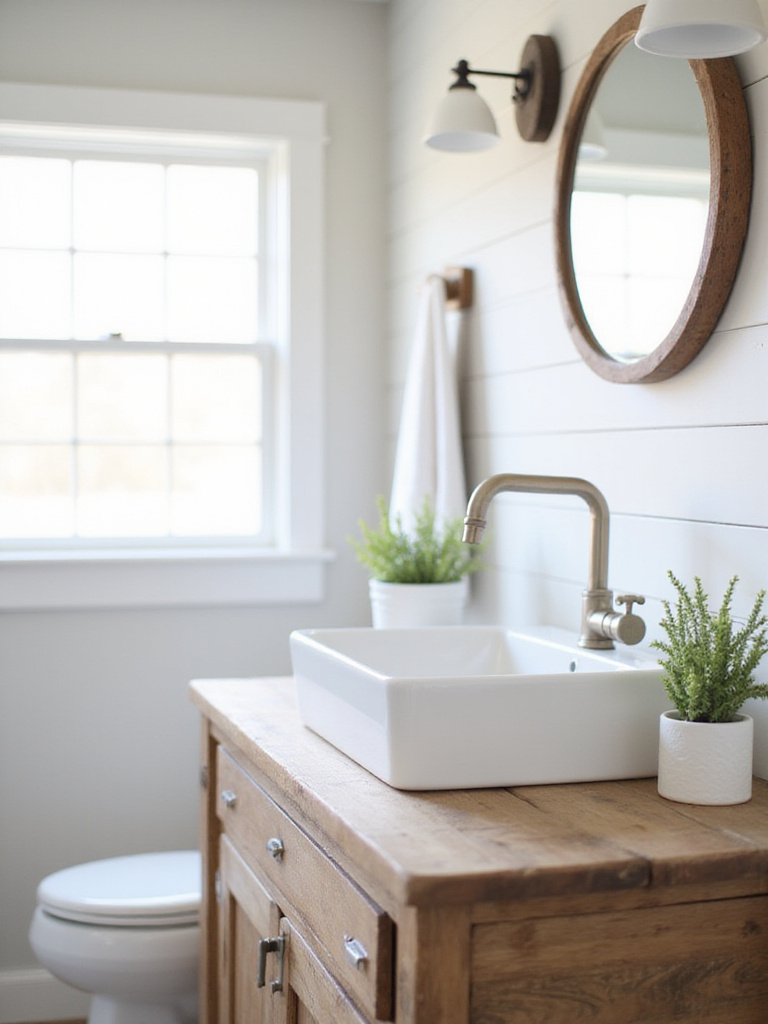 Farmhouse bathroom vanity with brushed nickel bridge faucet and shiplap walls
