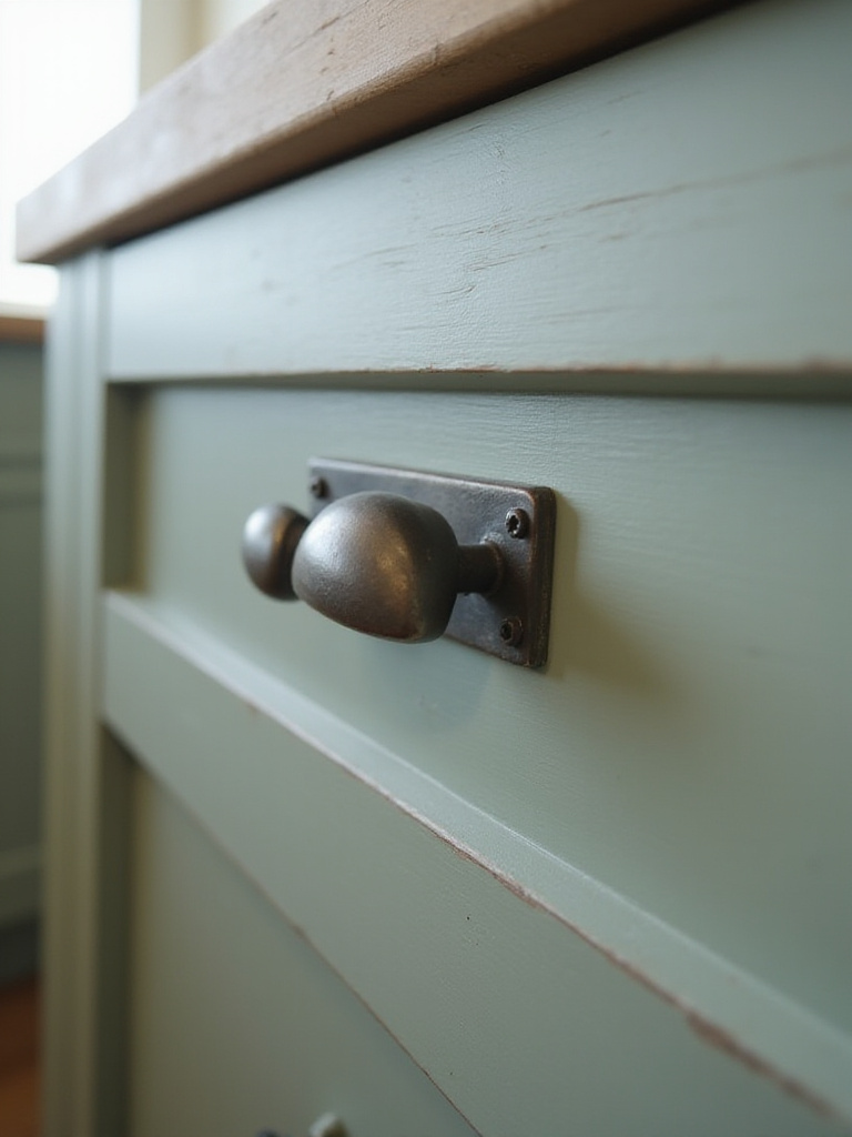 Rustic bronze bin pull hardware on a sage green farmhouse kitchen drawer
