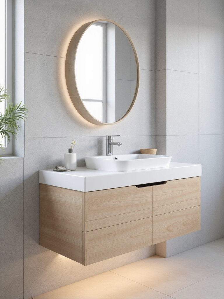 Modern bathroom with light wood floating vanity and LED lighting.