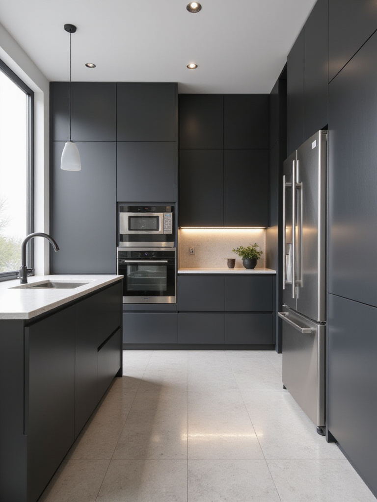 Contemporary kitchen with dark gray floor-to-ceiling cabinets maximizing storage and creating a grand statement.