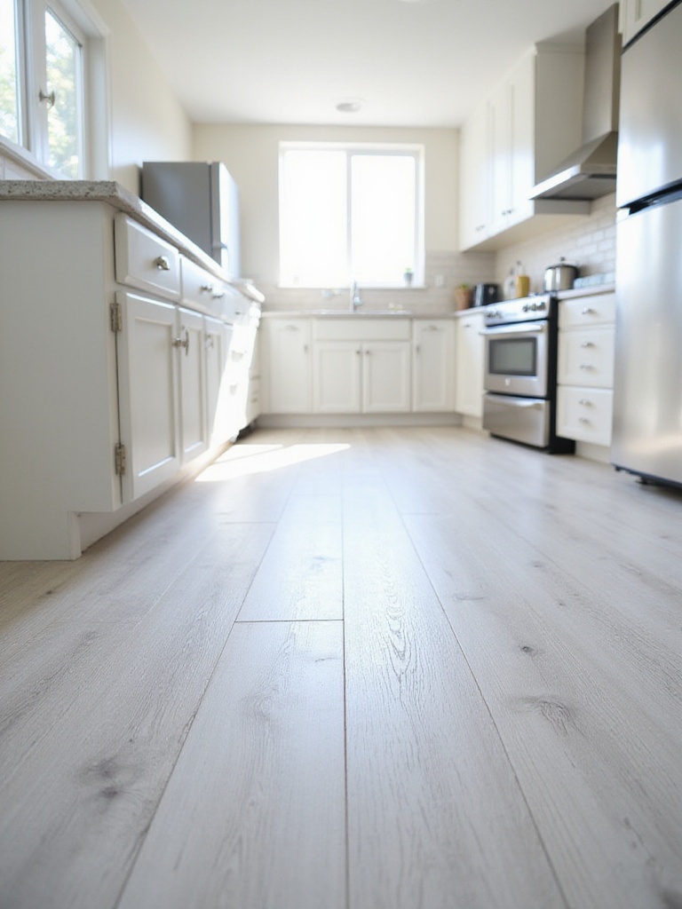 Light gray luxury vinyl plank flooring in a small modern kitchen.