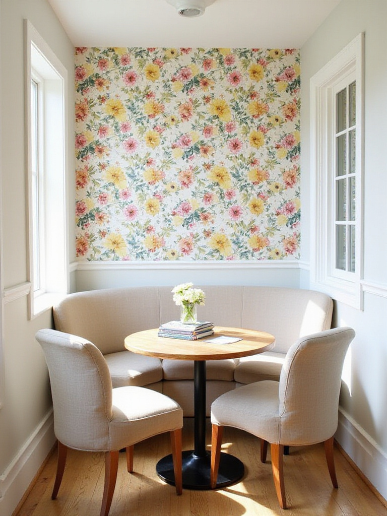 Kitchen nook featuring floral wallpaper