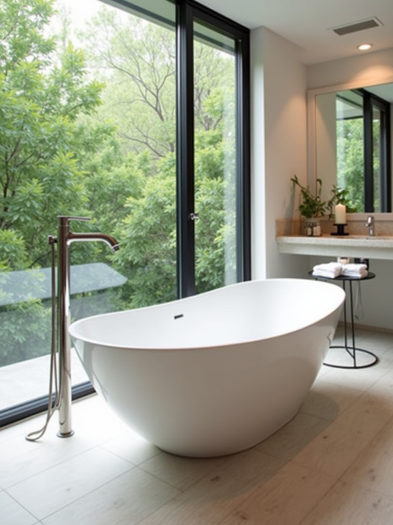 Modern bathroom with a white freestanding bathtub positioned in front of a large window.