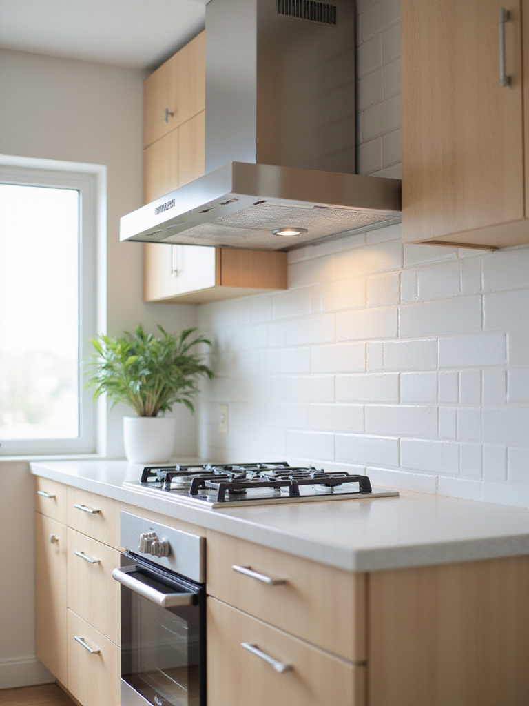Modern small kitchen with a sleek stainless steel range hood providing effective ventilation.