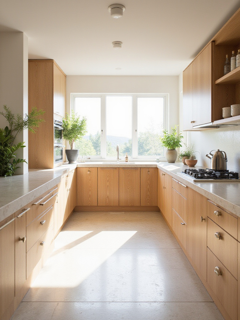 Bright and airy kitchen featuring organic cabinets, promoting healthy indoor air quality.