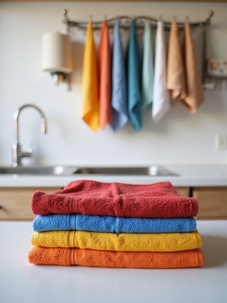 Colorful kitchen towels and dishcloths adding style to a kitchen counter.