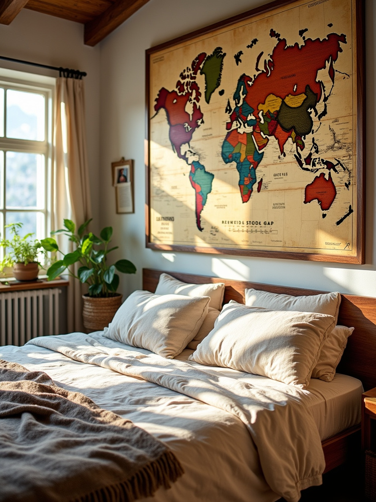 Bedroom wall decor featuring a vintage world map above the bed.