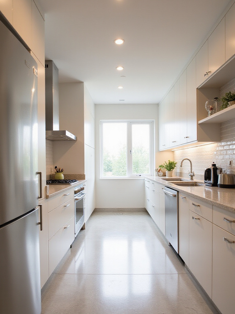 Modern galley kitchen design with efficient layout and bright lighting.