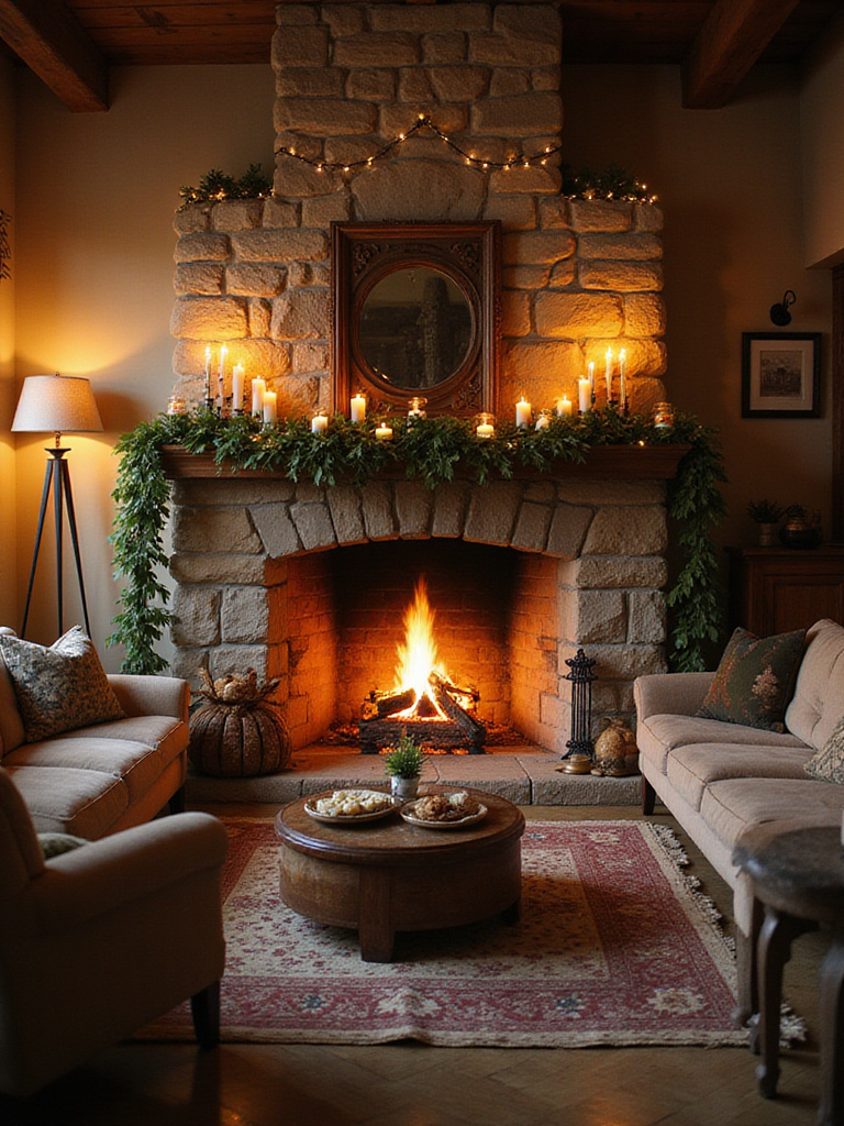 Cozy living room with a warm, inviting stone fireplace