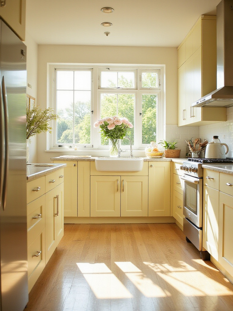 Pale yellow kitchen cabinets with white countertops and stainless steel appliances.