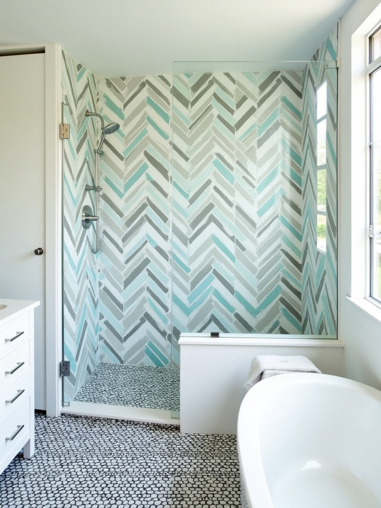 Modern bathroom with geometric tile shower and floor