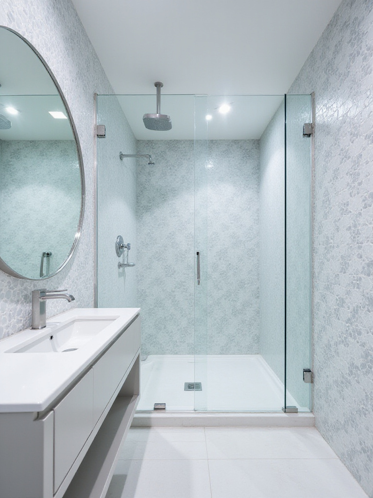 Modern bathroom with geometric tile feature wall and minimalist vanity.