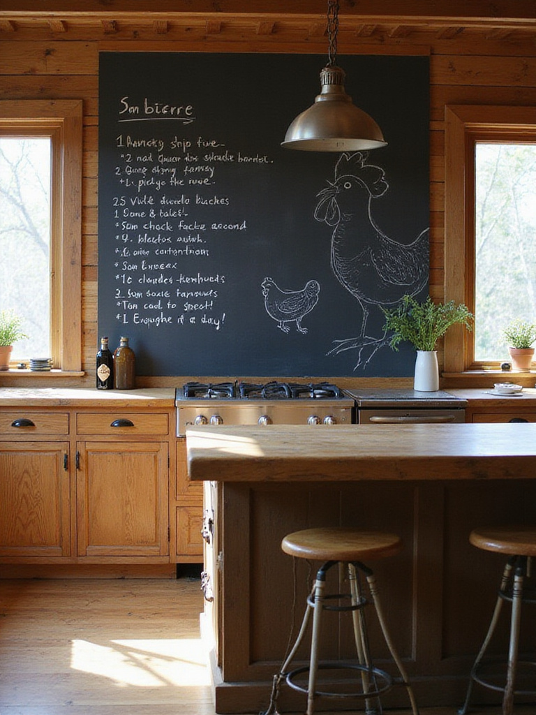 Farmhouse kitchen with functional chalkboard wall displaying handwritten recipes and rustic decor.