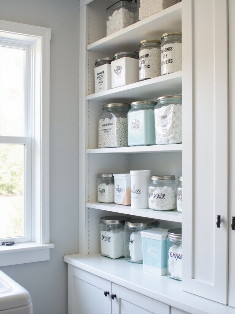 Organized laundry room shelves with clear labeled containers of laundry supplies.