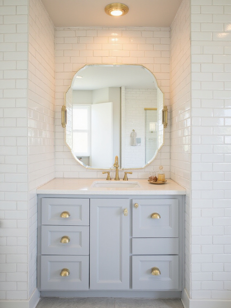 Modern bathroom with white subway tile, light gray vanity, and glamorous gold accents.