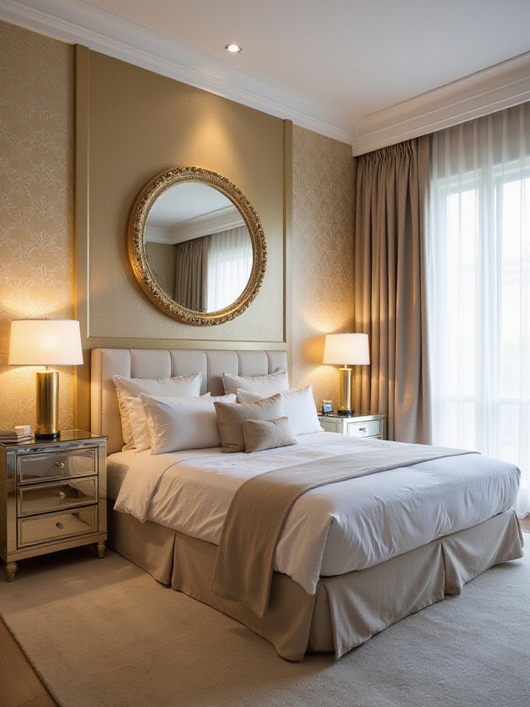 Glamorous bedroom with gold accents, mirrored nightstands, and luxurious bedding.