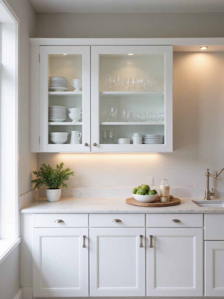 Contemporary kitchen with glass front cabinets displaying dishware and glassware