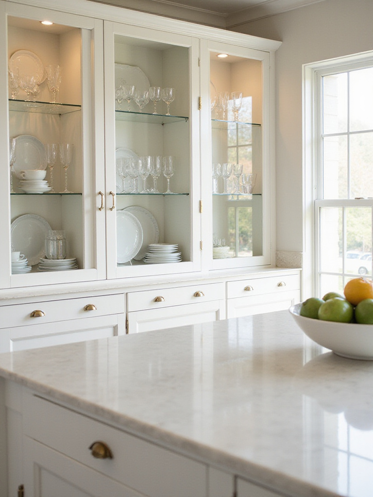 Kitchen island with glass-front cabinets displaying elegant dinnerware and glassware