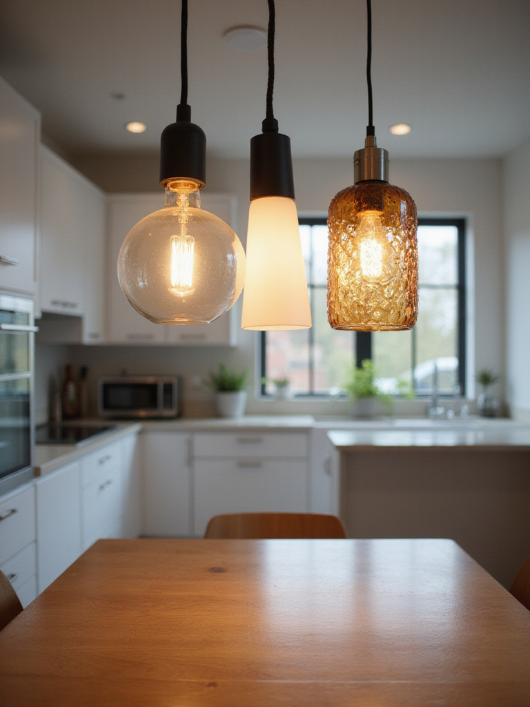 Kitchen dining area featuring pendant lights with clear, frosted, and textured glass shades over a wooden table.